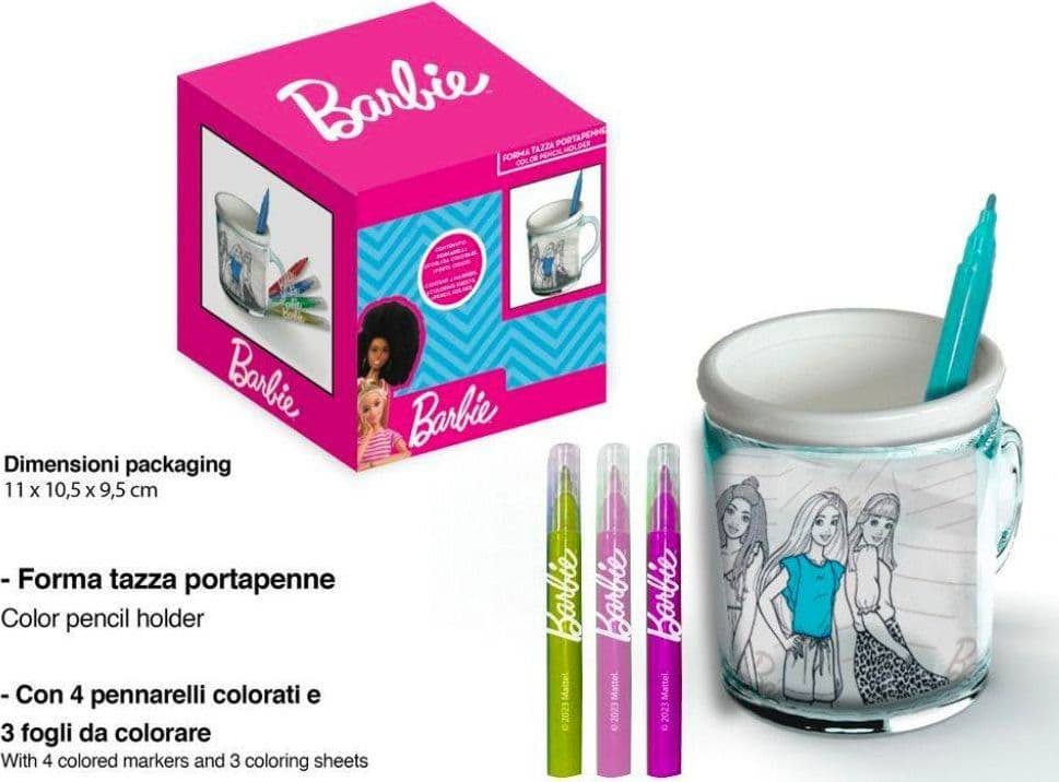 TAZZA PORTAPENNE DA COLORARE BARBIE BICCHIERE PENNARELLI COLORI IDEA REGALO - 2