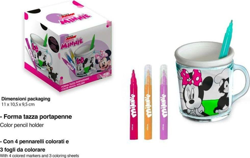 TAZZA PORTAPENNE DA COLORARE MINNIE DISNEY BICCHIERE PENNARELLI COLORI REGALO - 2
