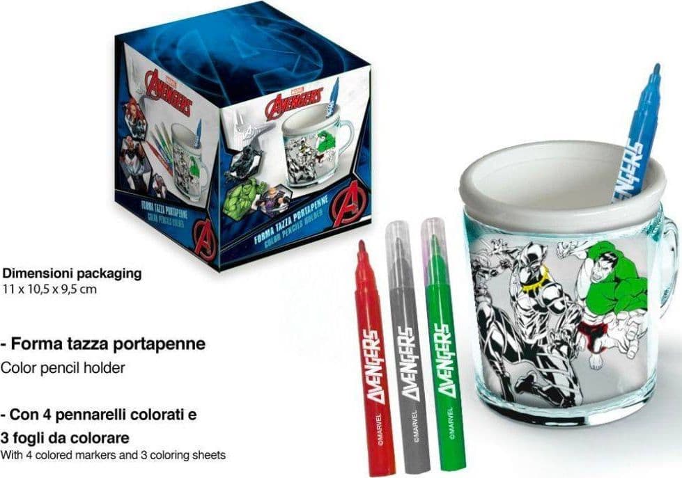 TAZZA PORTAPENNE DA COLORARE AVENGERS MARVEL BICCHIERE PENNARELLI COLORI REGALO - 2