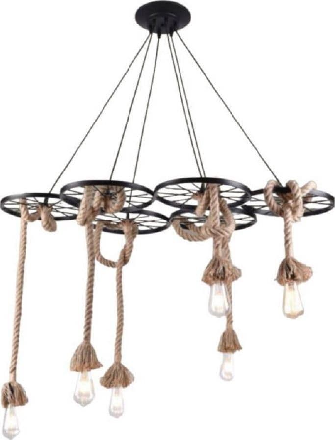 LAMPADARIO A SOSPENSIONE CON CORDE CANAPA 6 PORTALAMPADA E27 RETRÒ COUNTRY A89-6
