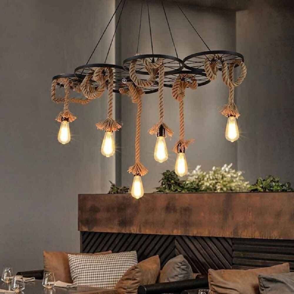 LAMPADARIO A SOSPENSIONE CON CORDE CANAPA 6 PORTALAMPADA E27 RETRÒ COUNTRY A89-6 in Lampade a sospensione Trade Shop italia - Napoli, commercioVirtuoso.it