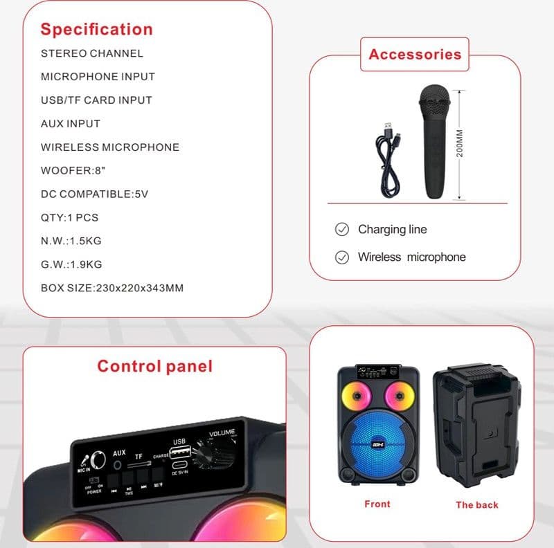 karaoke GD-892 Woofer 8'' tweeter 3'' Bluetooth AUX USB TF FM TWS RGB MICROFONO in Casse portatili Bluetooth Zencoccostore - Formia, commercioVirtuoso.it
