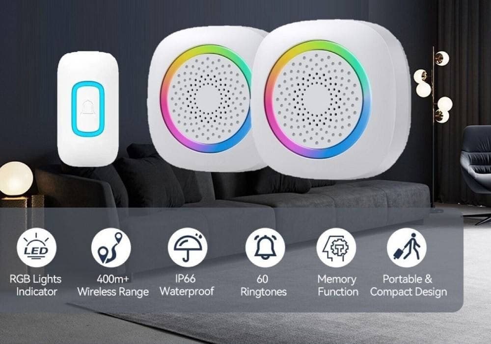 SET 2 CAMPANELLI SENZA FILI WIRELESS 2 RICEVITORI LUCE RGB 60 MELODIE RL-2R3995 in Campane Trade Shop italia - Napoli, commercioVirtuoso.it