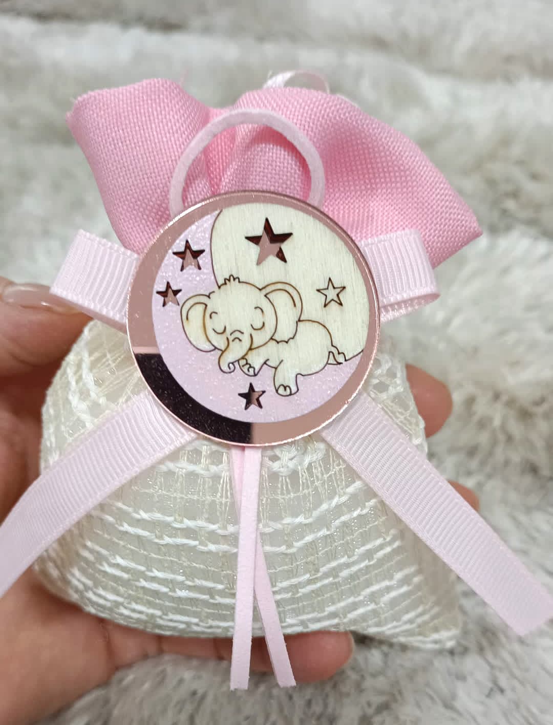 Sacchetto Nascita Bimba rete con elefante a specchio rosa in Sacchetti da regalo The King Luxury - San Marcellino, commercioVirtuoso.it