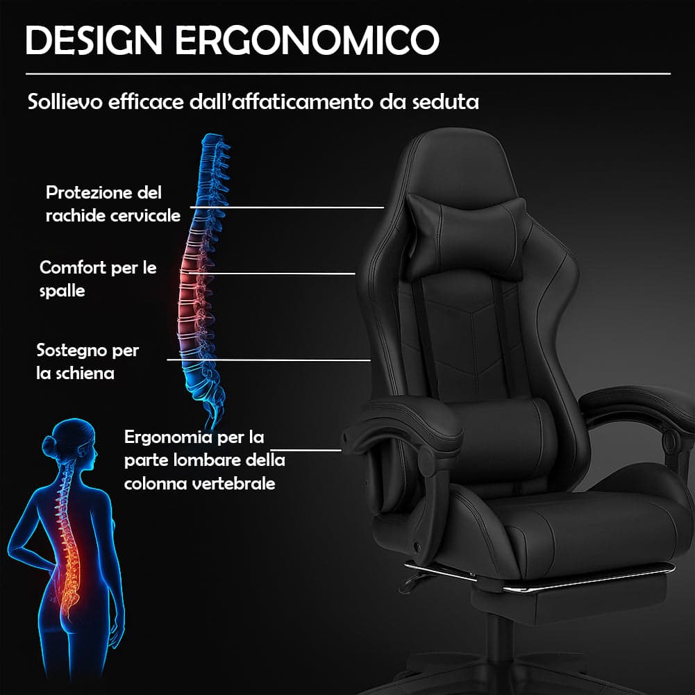 Sedia Gaming Ergonomica Reclinabile in Ecopelle con Poggiapiedi e Cuscini Lombari in Sedie Gaming Danyx - Casoria, commercioVirtuoso.it