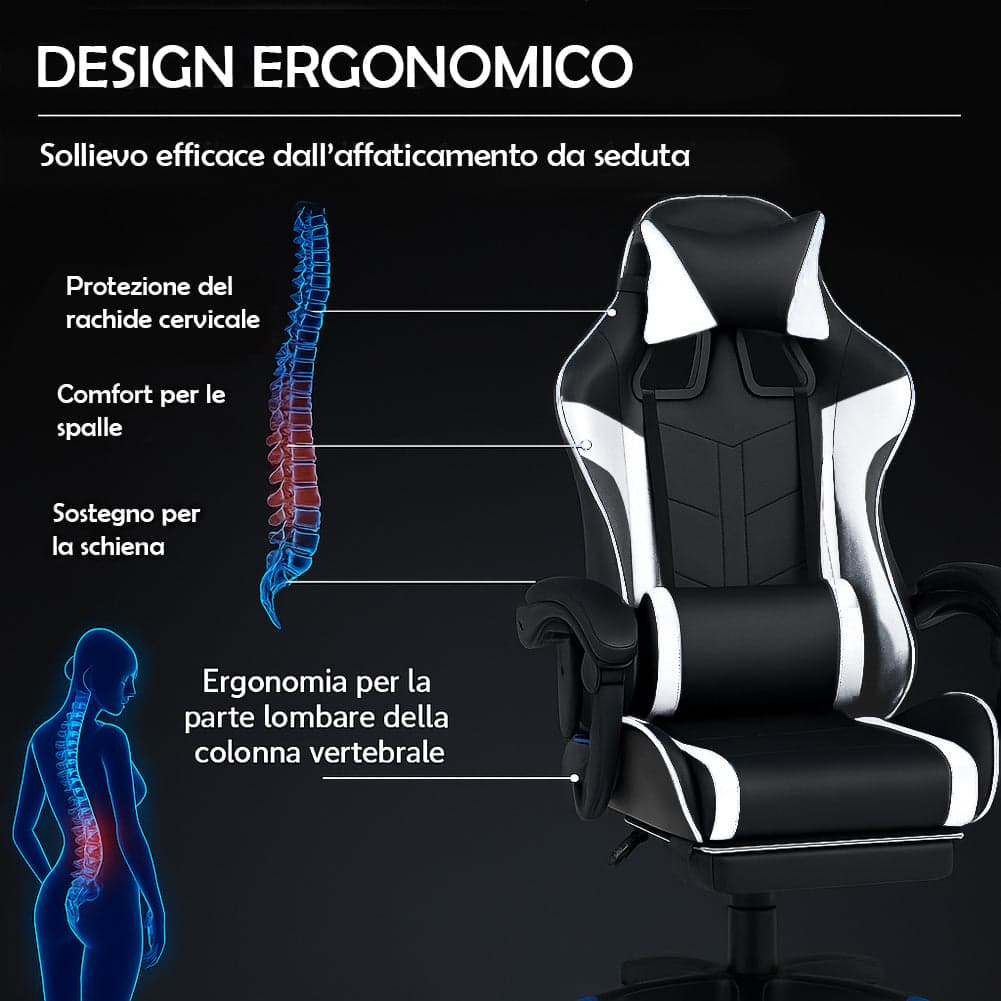 Sedia Gaming Ergonomica Reclinabile in Ecopelle con Poggiapiedi e Cuscini Lombari in Sedie da scrivania Danyx - Casoria, commercioVirtuoso.it