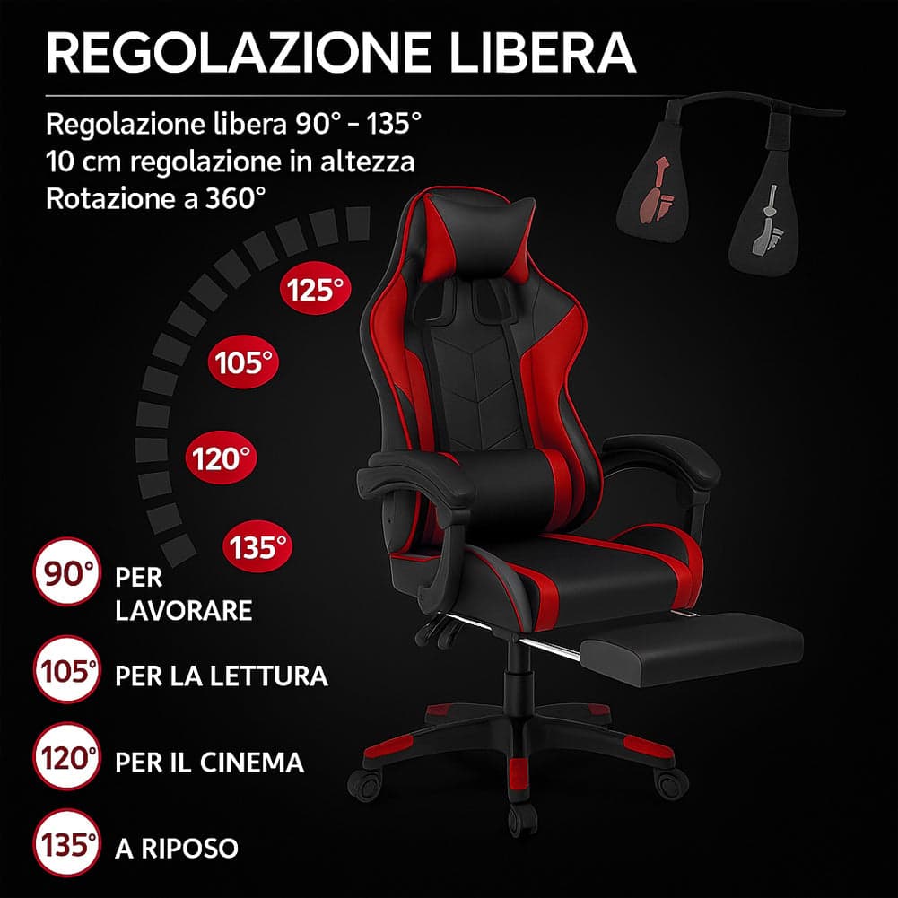 Sedia Gaming Ergonomica Reclinabile in Ecopelle con Poggiapiedi e Cuscini Lombari in Sedie Gaming Danyx - Casoria, commercioVirtuoso.it