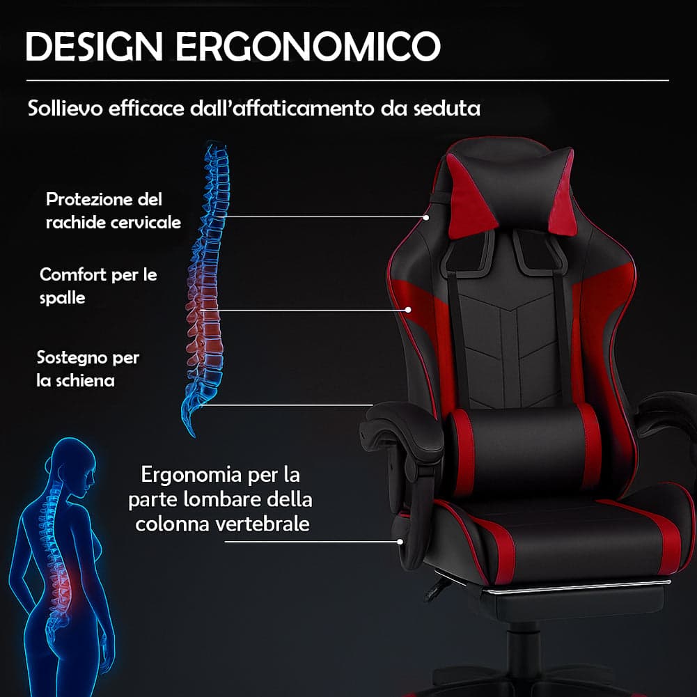 Sedia Gaming Ergonomica Reclinabile in Ecopelle con Poggiapiedi e Cuscini Lombari in Sedie Gaming Danyx - Casoria, commercioVirtuoso.it