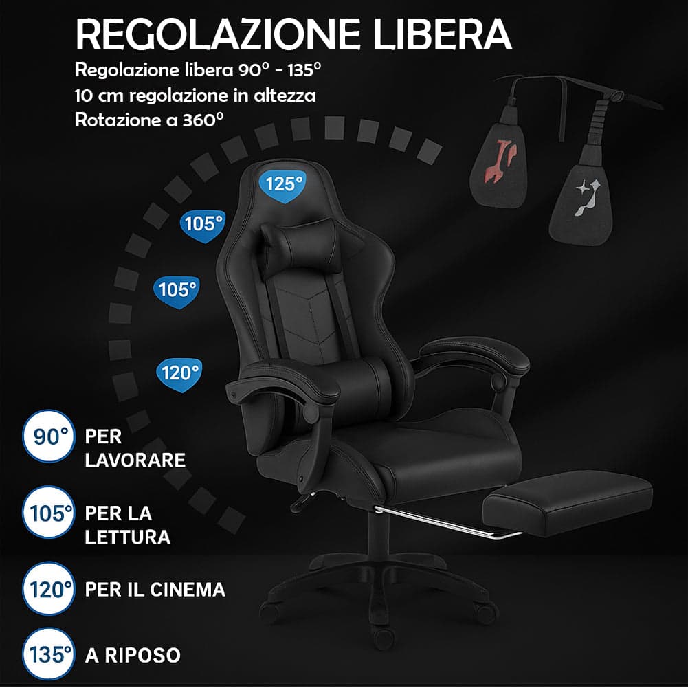 Sedia Gaming Ergonomica Reclinabile in Ecopelle con Poggiapiedi e Cuscini Lombari in Sedie Gaming Danyx - Casoria, commercioVirtuoso.it