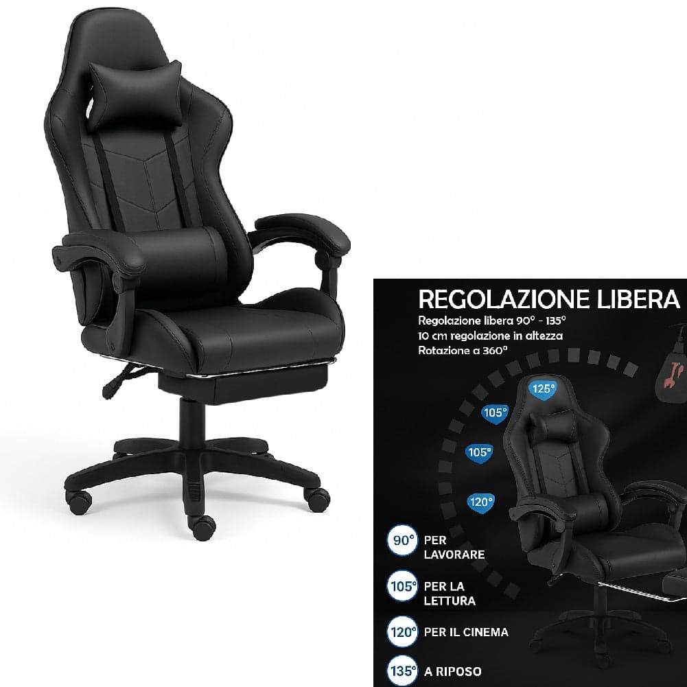 Sedia Gaming Ergonomica Reclinabile in Ecopelle con Poggiapiedi e Cuscini Lombari