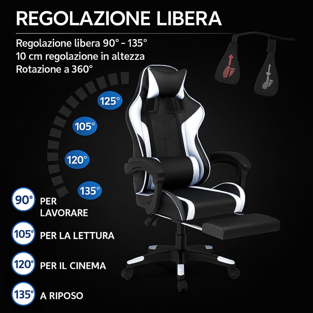 Sedia Gaming Ergonomica Reclinabile in Ecopelle con Poggiapiedi e Cuscini Lombari in Sedie da scrivania Danyx - Casoria, commercioVirtuoso.it