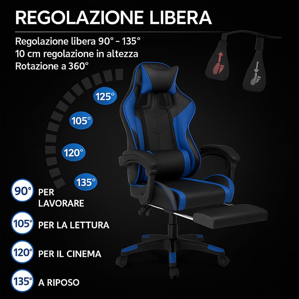 Sedia Gaming Ergonomica Reclinabile in Ecopelle con Poggiapiedi e Cuscini Lombari in Sedie Gaming Danyx - Casoria, commercioVirtuoso.it