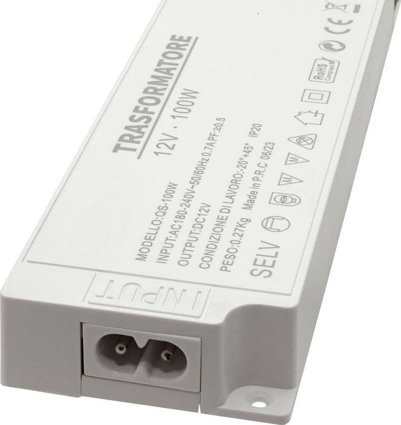 ALIMENTATORE SLIM 100 WATT TRASFORMATORE CORRENTE 12V STRISCE LUCI LED QS-100W in Trasformatori a bassa intensità Trade Shop italia - Napoli, commercioVirtuoso.it