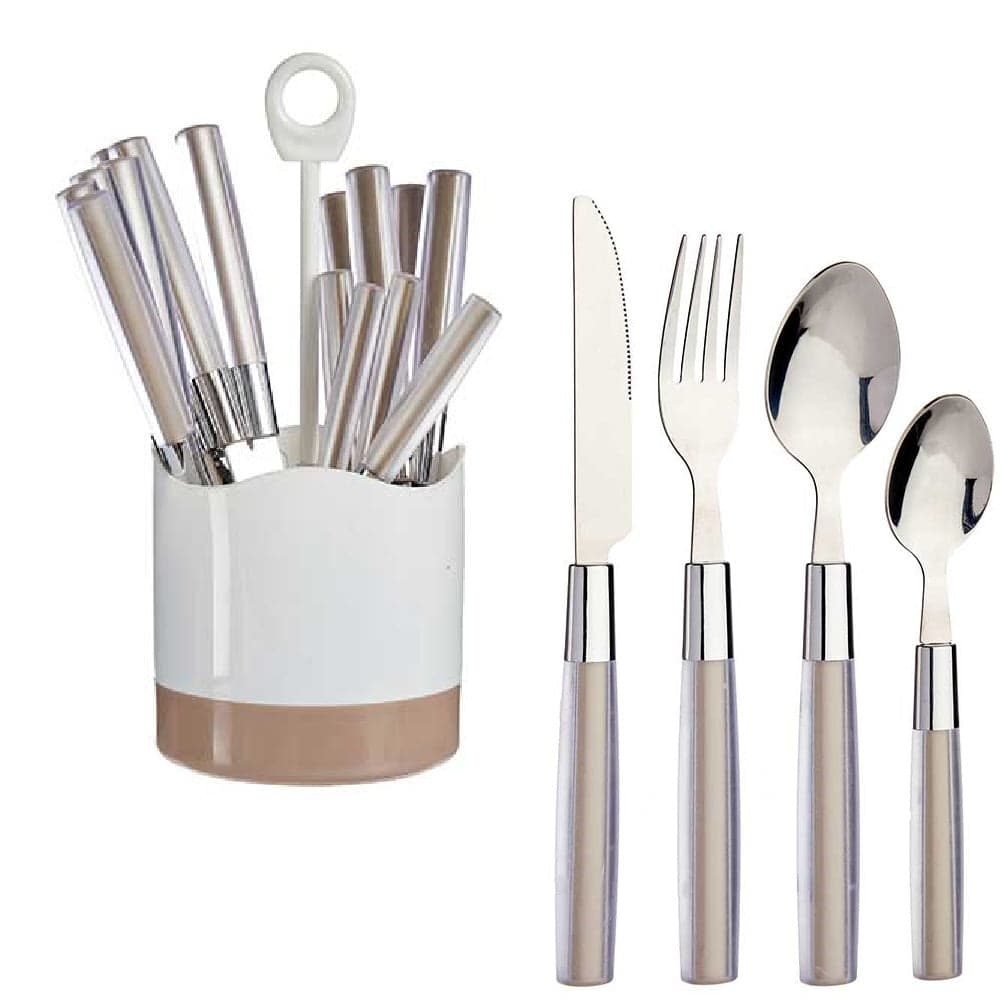 Kit 16 Posate Acciaio Manico Marrone con Supporto Scolaposate Design Moderno