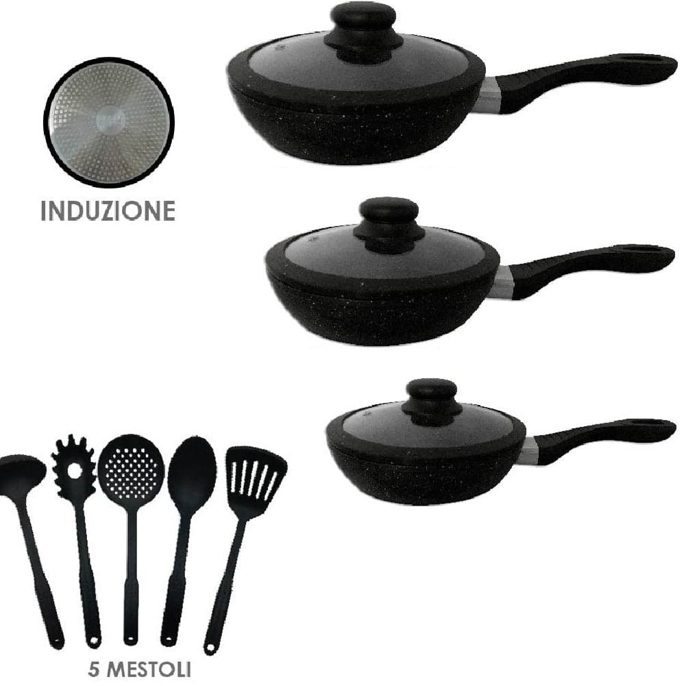 Set Padelle Induzione Pietra Antiaderenti 20/24/28 cm con Coperchi e 5mestoli Nero in Padelle universali Danyx - Casoria, commercioVirtuoso.it