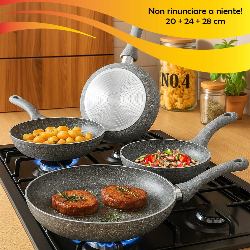 Set 3 Padelle Primolla 20-24-28cm in Alluminio Effetto Pietra Piano Cottura Gas in Padelle universali Esplodia - Napoli, commercioVirtuoso.it