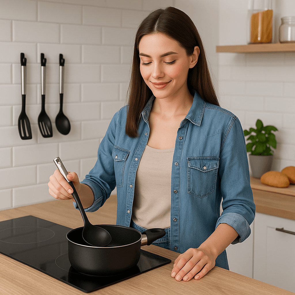 Utensili da Cucina 6pz in Acciaio e Nylon Non Graffiano Antiaderenti Nero Cromo in Cucchiai da cucina Danyx - Casoria, commercioVirtuoso.it