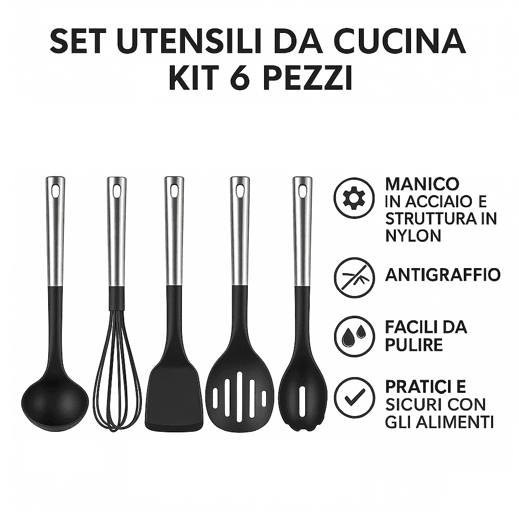 Utensili da Cucina 6pz in Acciaio e Nylon Non Graffiano Antiaderenti Nero Cromo in Cucchiai da cucina Danyx - Casoria, commercioVirtuoso.it