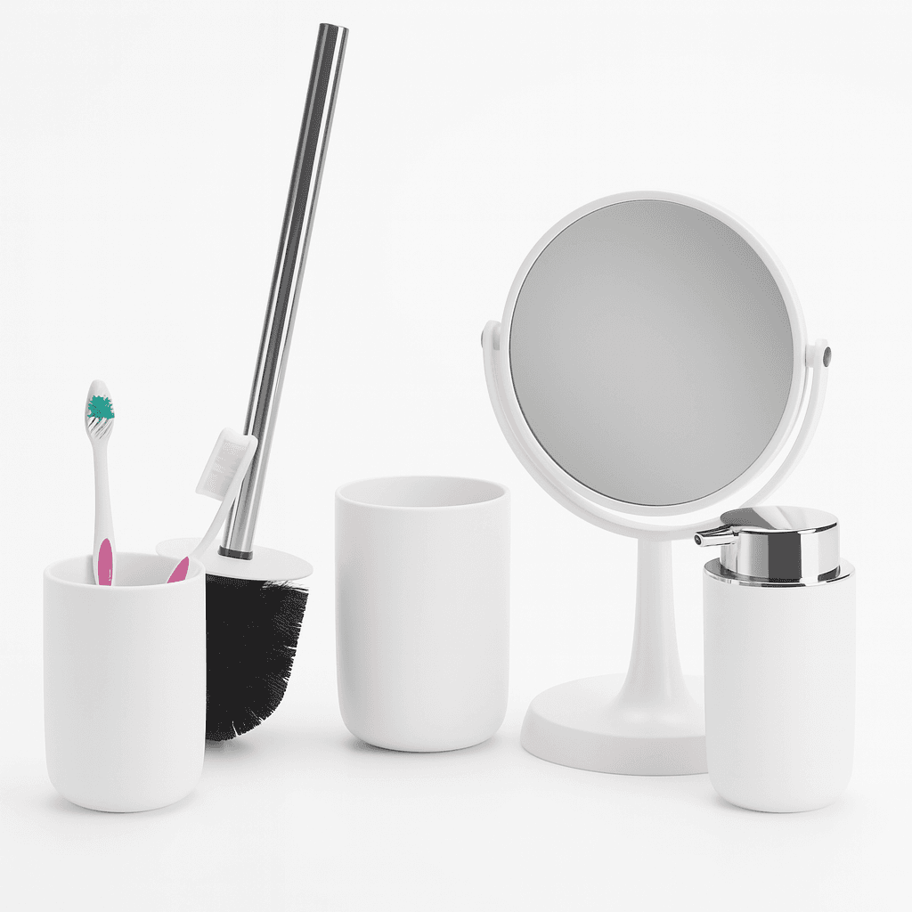 Accessori da Bagno 4pz Acciaio e Polipropilene Specchio PortaScopino Dosatore Bicchiere