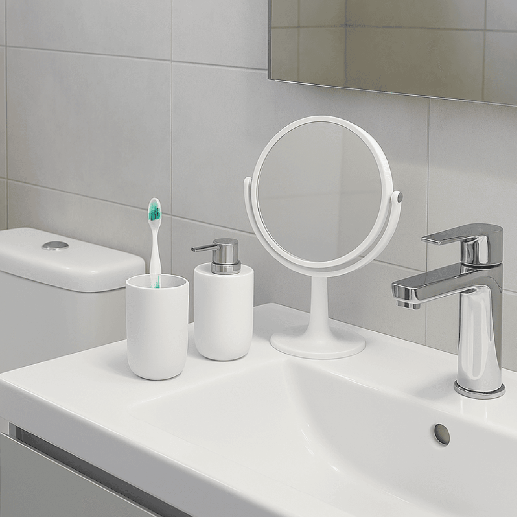 Accessori da Bagno 4pz Acciaio e Polipropilene Specchio PortaScopino Dosatore Bicchiere in Set di accessori per il bagno Danyx - Casoria, commercioVirtuoso.it