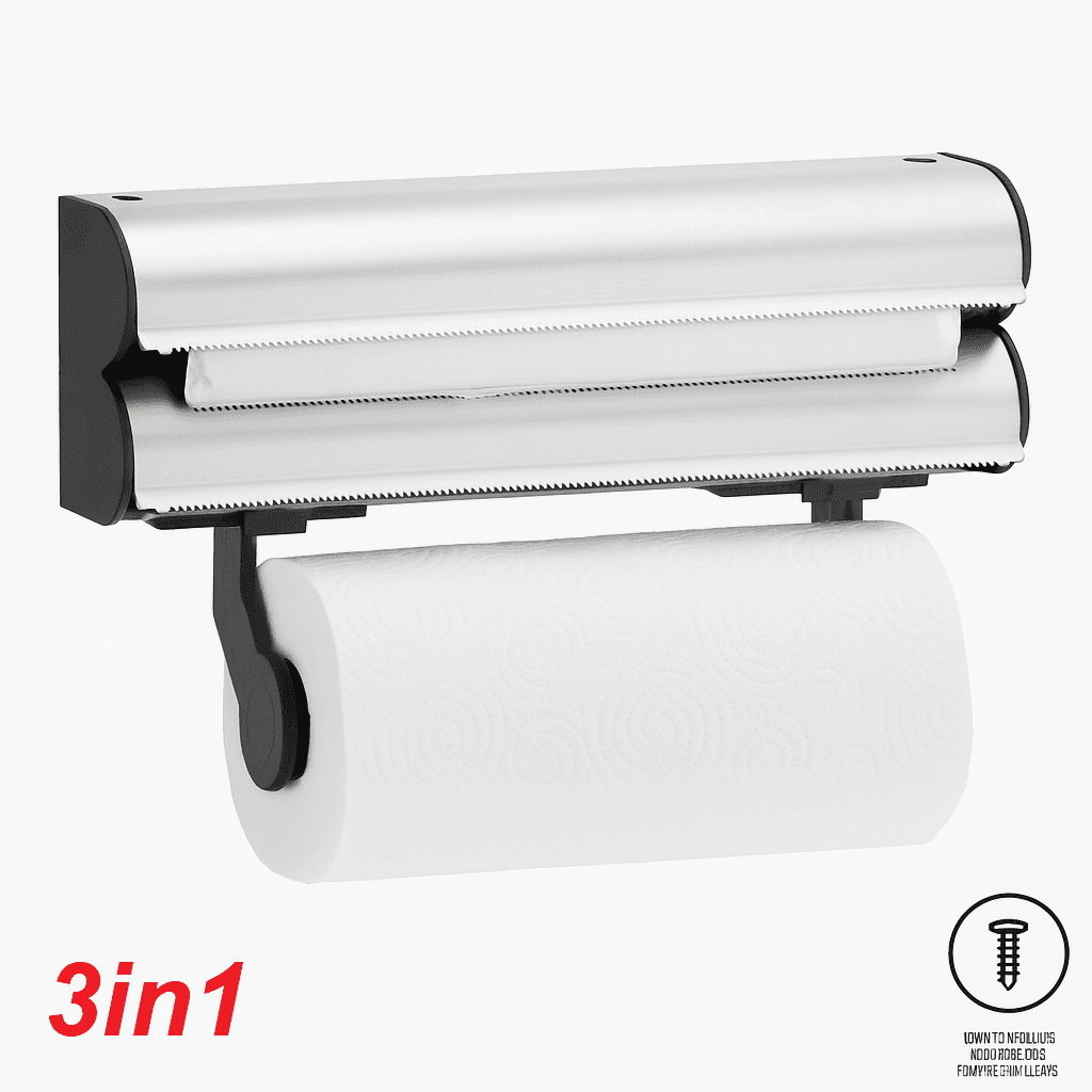 Porta Rotoli da Cucina 3in1 con Taglierino Acciaio da Parete Carta Pellicola Alluminio