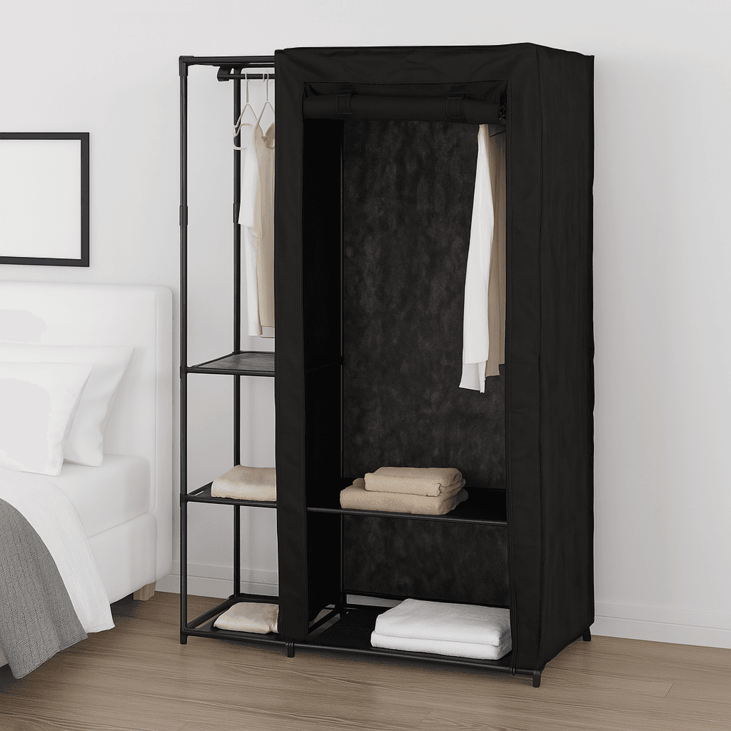 Armadio Doppio Salvaspazio Metallo e Tessuto TNT Appendiabiti 105x43x172cm Nero