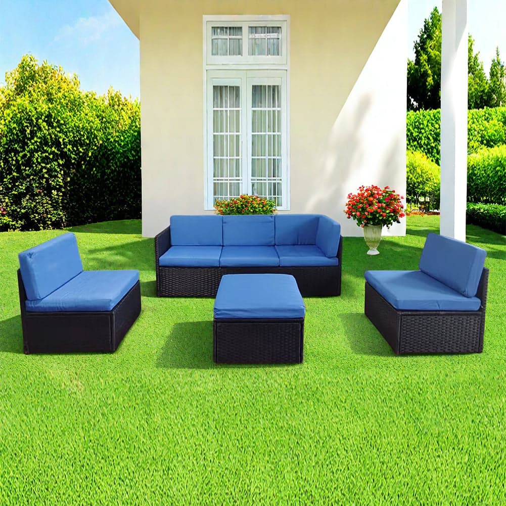 Set 4 Pezzi Salotto per Esterni Giardino in Polyrattan Anti UV con Cuscini Blu in Divanetti Esplodia - Napoli, commercioVirtuoso.it