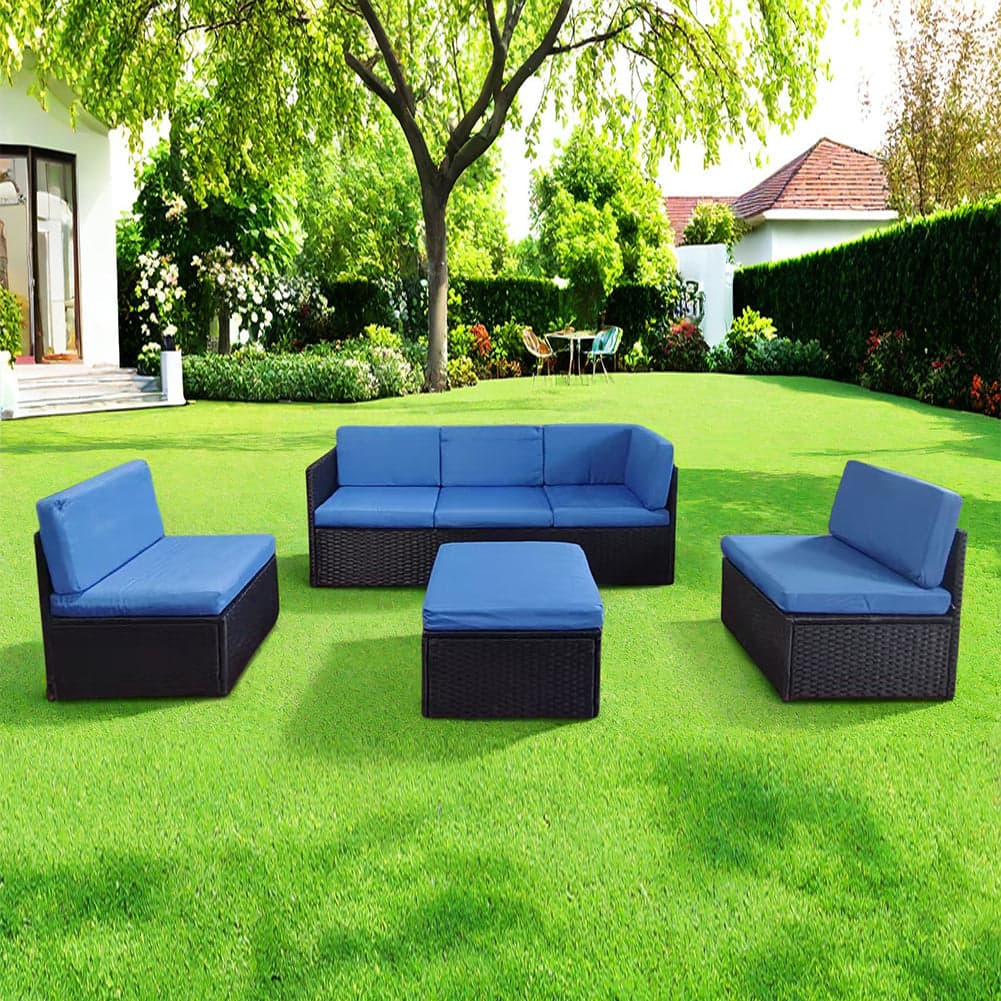 Set 4 Pezzi Salotto per Esterni Giardino in Polyrattan Anti UV con Cuscini Blu in Divanetti Esplodia - Napoli, commercioVirtuoso.it
