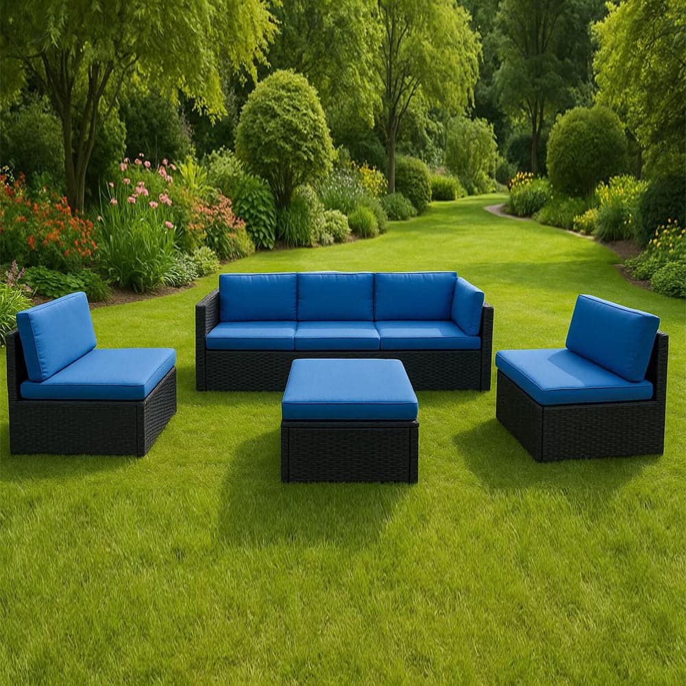 Set 4 Pezzi Salotto per Esterni Giardino in Polyrattan Anti UV con Cuscini Blu in Divanetti Esplodia - Napoli, commercioVirtuoso.it