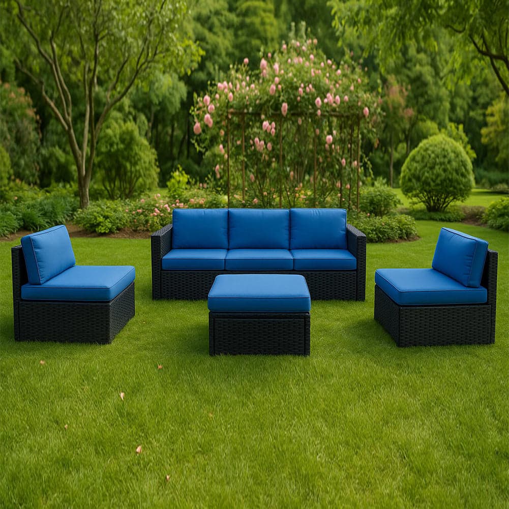 Set 4 Pezzi Salotto per Esterni Giardino in Polyrattan Anti UV con Cuscini Blu in Divanetti Esplodia - Napoli, commercioVirtuoso.it