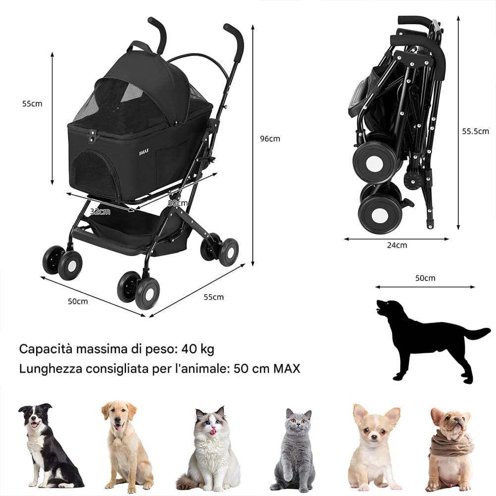 Passeggino per Cani e Gatti con Traportino Rimovibile per Animali Domestici Nero in Passeggini Esplodia - Napoli, commercioVirtuoso.it