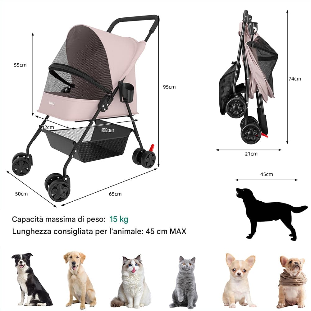 Passeggino Pieghevole per Cani e Gatti con Cappottina Max 15kg Animali Domestici Rosa in Passeggini Danyx - Casoria, commercioVirtuoso.it