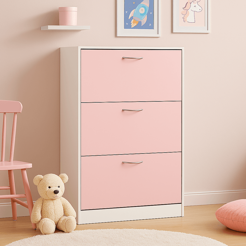 Mobile Scarpiera 3Ante Salvaspazio Doppia Profondità 63x24 H115cm Bianco Rosa