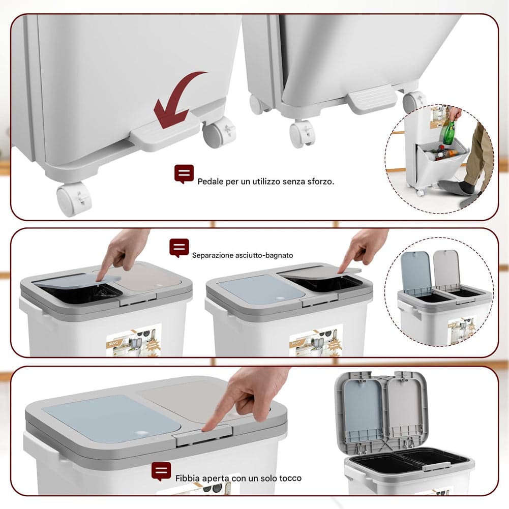 Pattumiera da Cucina Doppio Bidone 38 L Secchio con Separazione Rifiuti e Ruote in Pattumiere da cucina Esplodia - Napoli, commercioVirtuoso.it