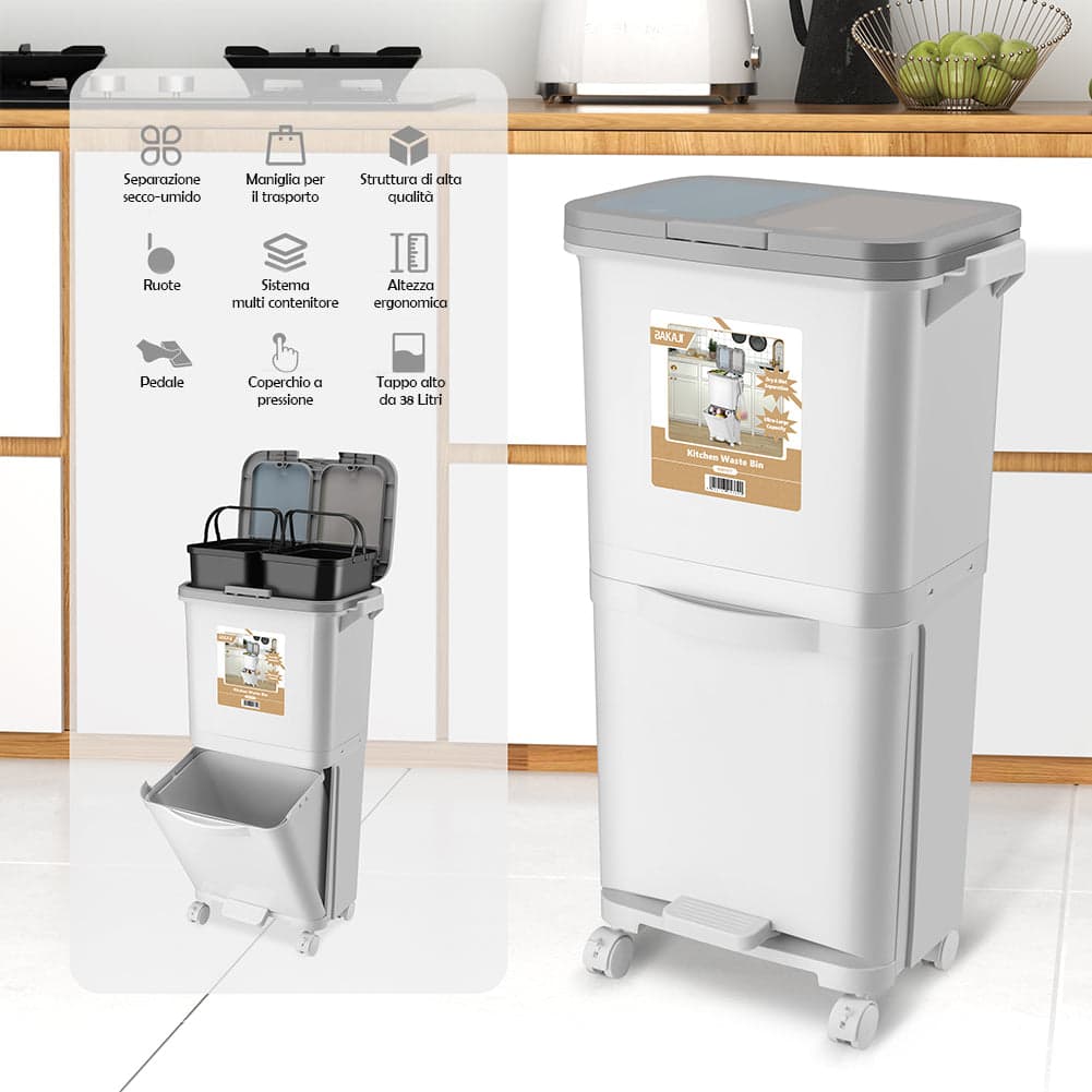 Pattumiera da Cucina Doppio Bidone 38 L Secchio con Separazione Rifiuti e Ruote in Pattumiere da cucina Esplodia - Napoli, commercioVirtuoso.it