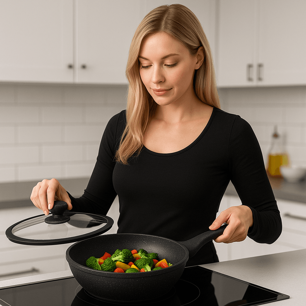 Padella Wok Antiaderente 30cm Alluminio Pietra con Coperchio Vetro Induzione Nero in Woks Danyx - Casoria, commercioVirtuoso.it