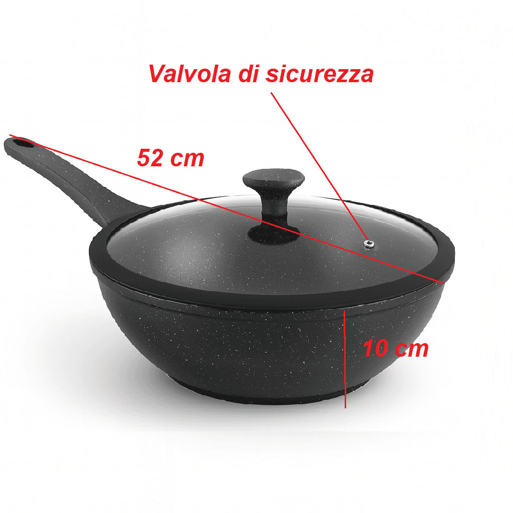 Padella Wok Antiaderente 30cm Alluminio Pietra con Coperchio Vetro Induzione Nero in Woks Danyx - Casoria, commercioVirtuoso.it