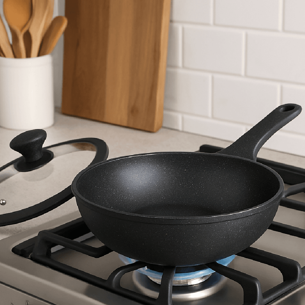 Padella Wok Antiaderente 30cm Alluminio Pietra con Coperchio Vetro Induzione Nero in Woks Danyx - Casoria, commercioVirtuoso.it