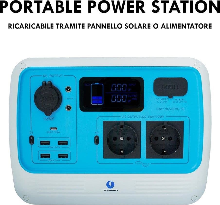 Generatore Corrente 700w Portatile Ricarica Solare Batteria Prese Schuko Ac Usb-c