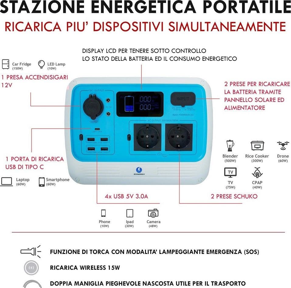 GENERATORE CORRENTE 700W PORTATILE RICARICA SOLARE BATTERIA PRESE SCHUKO AC USB-C in Generatori Trade Shop italia - Napoli, commercioVirtuoso.it