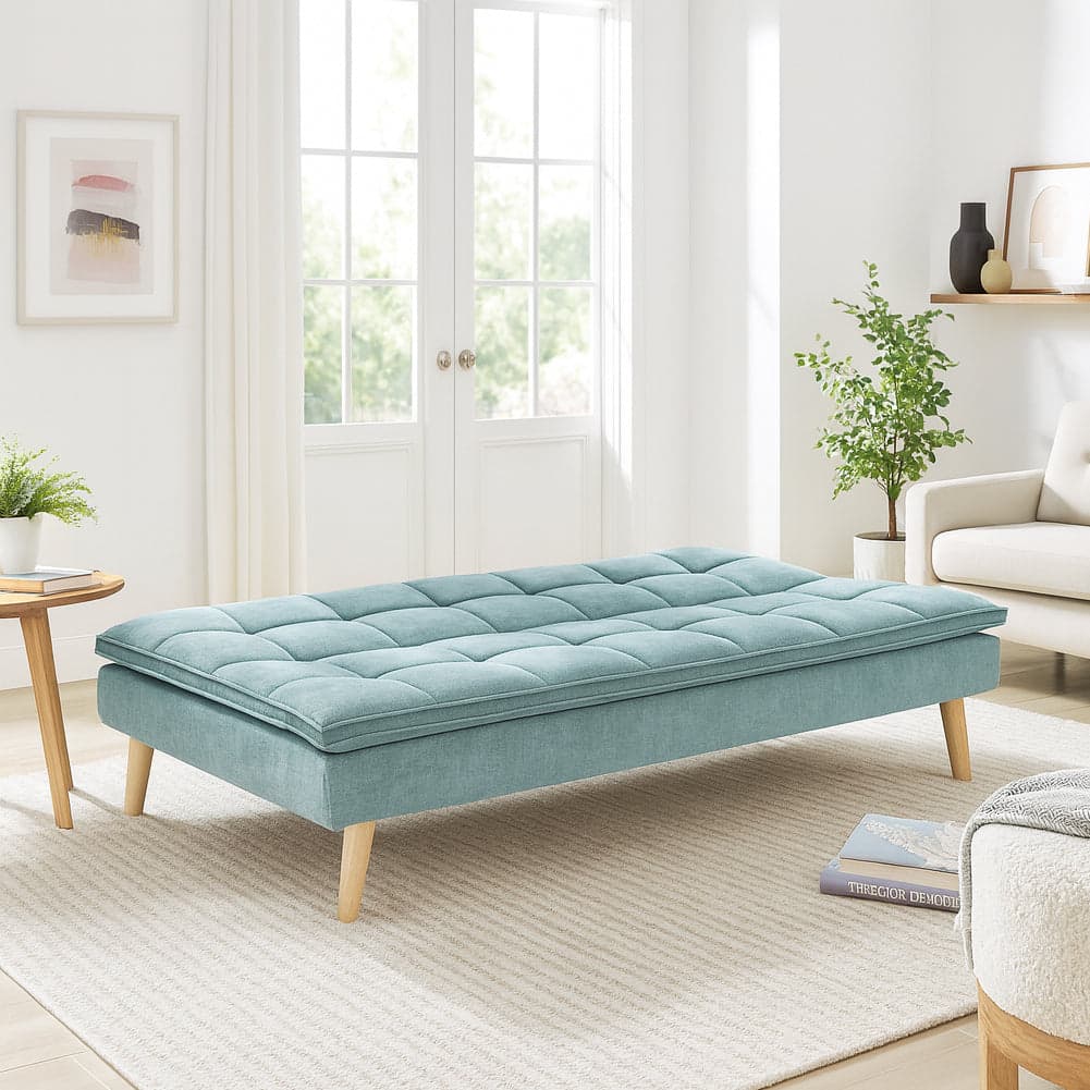 Divano Letto Reclinabile 3 Posti Ergonomico in Tessuto Celeste con Gambe Legno in Divani Esplodia - Napoli, commercioVirtuoso.it