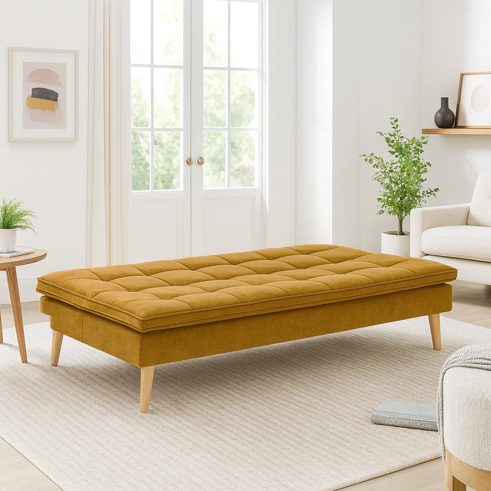Divano Letto Reclinabile 3 Posti Ergonomico in Tessuto Mostarda con Gambe Legno in Divani Esplodia - Napoli, commercioVirtuoso.it