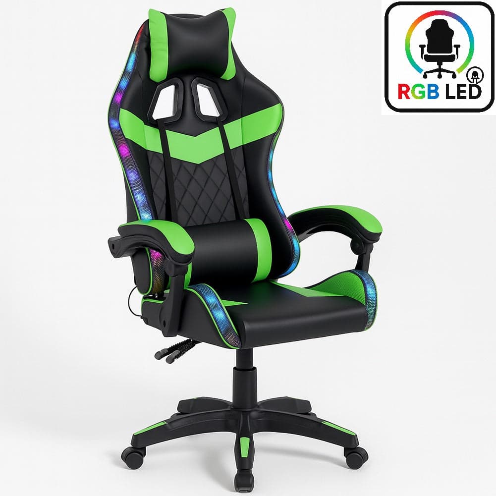 Sedia Gaming Scrivania Led RGB Ergonomica Altezza Eegolabile con 2Cuscini Nero Verde in Sedie Gaming Danyx - Casoria, commercioVirtuoso.it