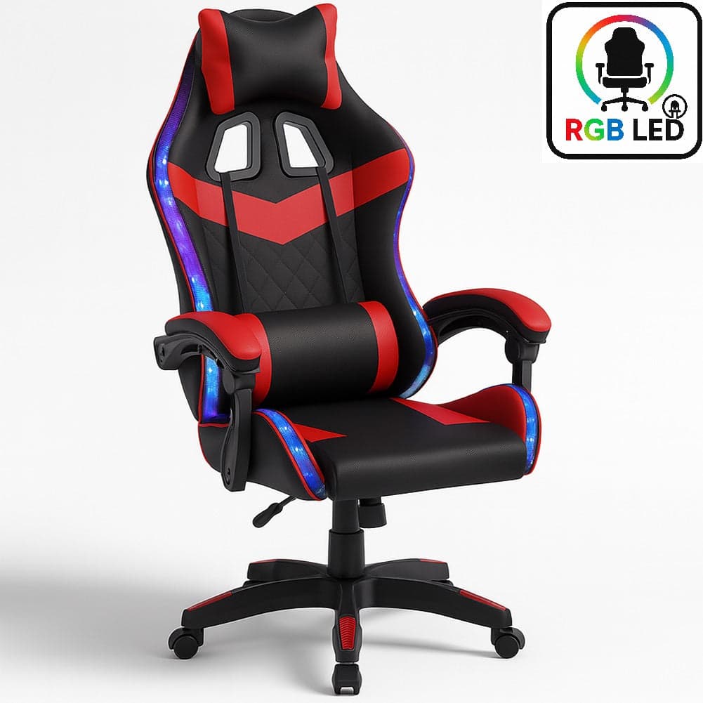 Sedia Gaming Scrivania Led RGB Ergonomica Altezza Eegolabile con 2Cuscini Nero Rosso in Sedie Gaming Danyx - Casoria, commercioVirtuoso.it