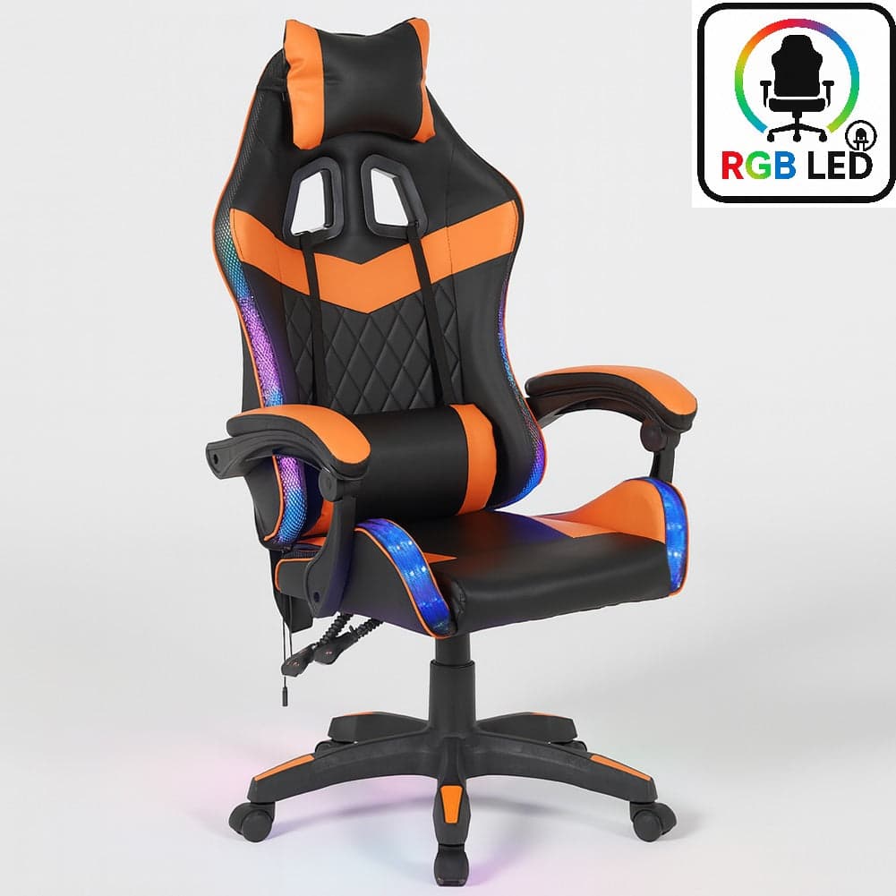 Sedia Gaming Scrivania Led RGB Ergonomica Altezza Eegolabile con 2Cuscini Nero Arancio in Sedie Gaming Danyx - Casoria, commercioVirtuoso.it
