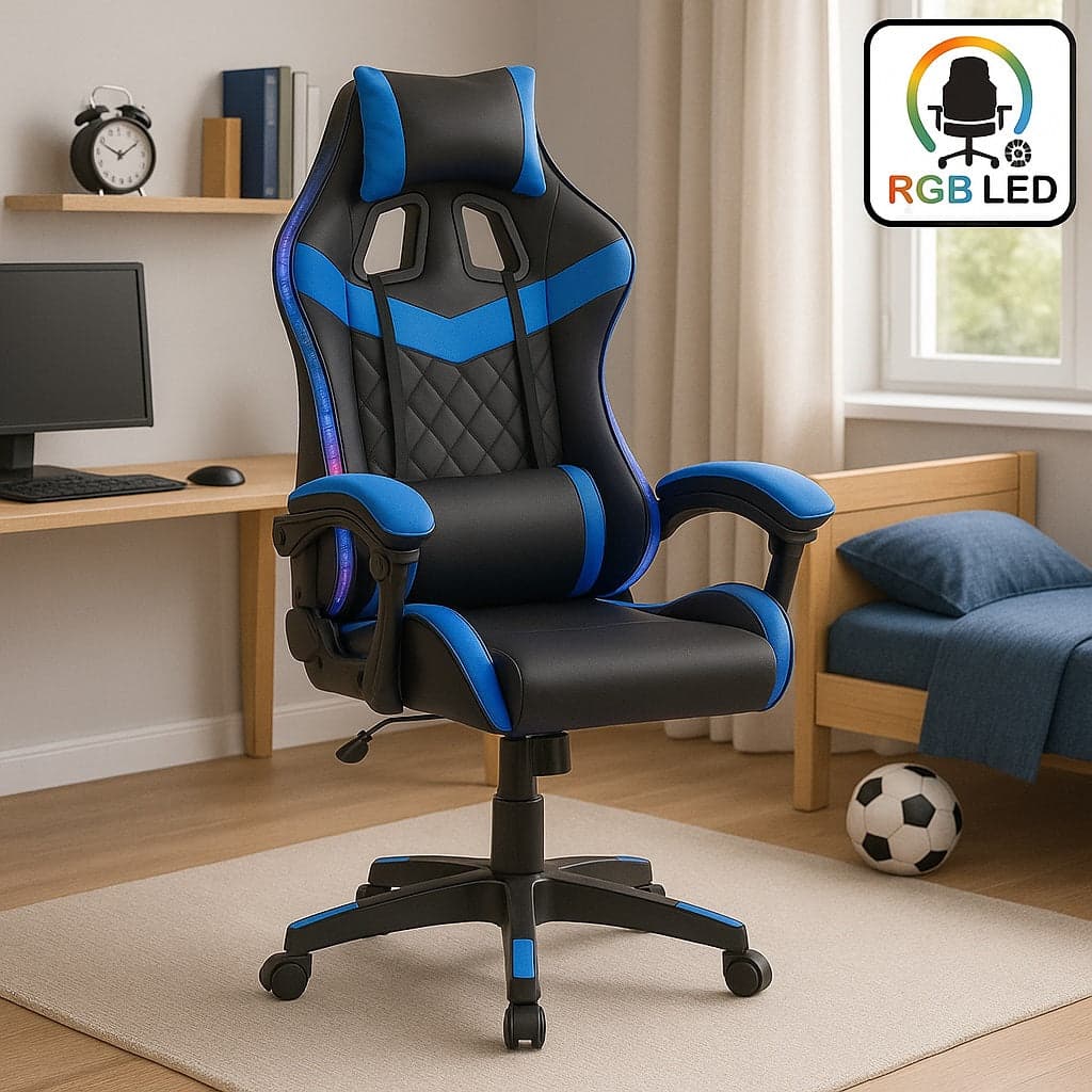 Sedia Gaming Scrivania Led RGB Ergonomica Altezza Eegolabile con 2Cuscini Nero Blu in Sedie Gaming Danyx - Casoria, commercioVirtuoso.it