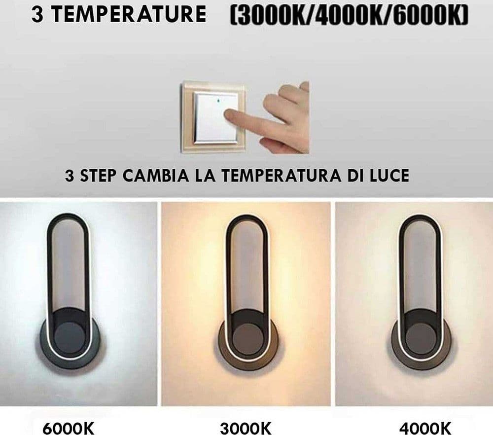 APPLIQUE LED GIREVOLE 9W 3 STEP LUCE 3000K 4000K 6000K LAMPADA ELEGANTE MURO 230V in Applique Trade Shop italia - Napoli, commercioVirtuoso.it