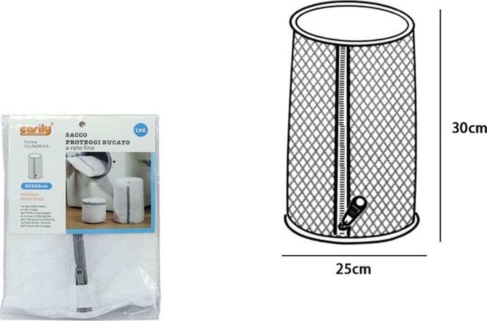 SACCO A RETE FINE FORMA CILINDRICA LAVATRICE PROTEGGI BUCATO CON ZIP 30X25CM 59992 in Sacchi da biancheria Trade Shop italia - Napoli, commercioVirtuoso.it