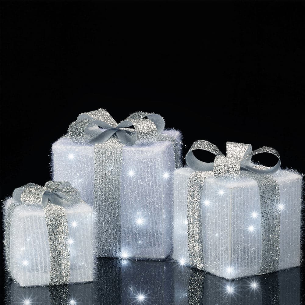 Set 3 Pacchi Regalo Natale Luminosi Bianco Argento LED Decorazione Interno Esterno in Catene luminose Danyx - Casoria, commercioVirtuoso.it