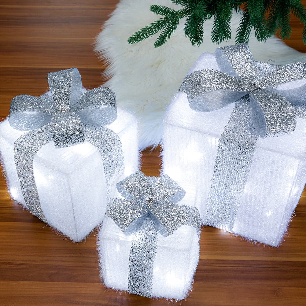Set 3 Pacchi Regalo Natale Luminosi Bianco Argento LED Decorazione Interno Esterno in Catene luminose Danyx - Casoria, commercioVirtuoso.it